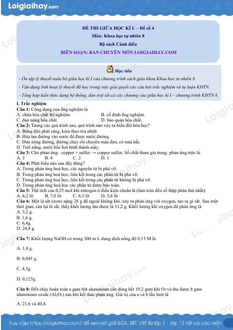 Đề thi giữa kì 1 KHTN 8 Cánh diều - Đề số 4
